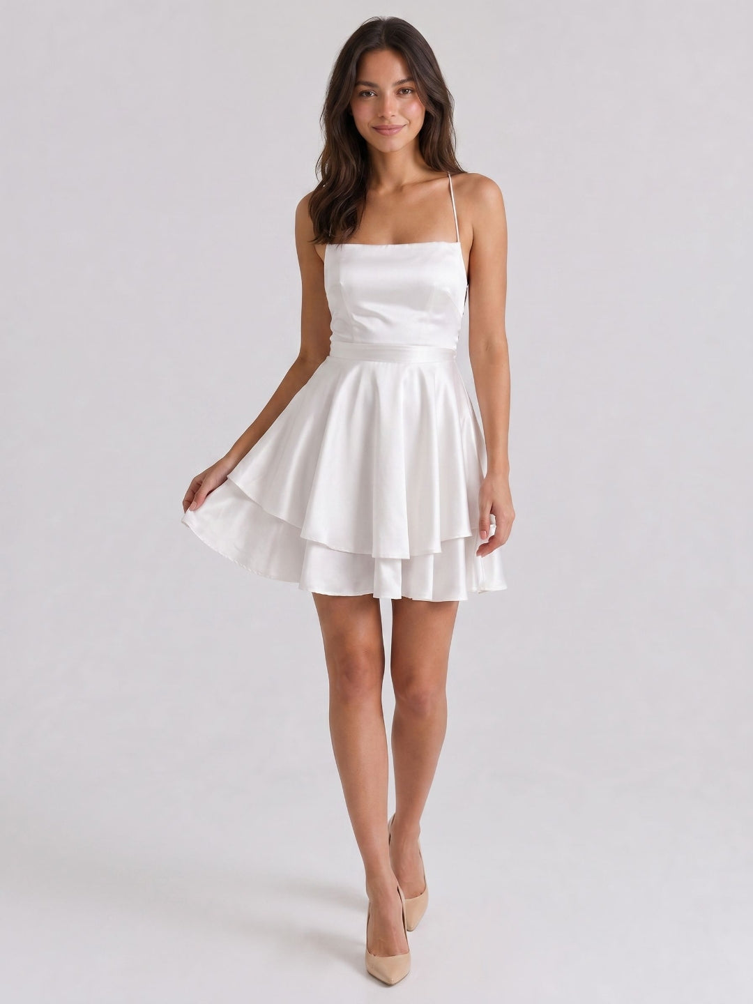 White Satin A-Line Straight Neck Lace-Up Mini Homecoming Dress with Pleats