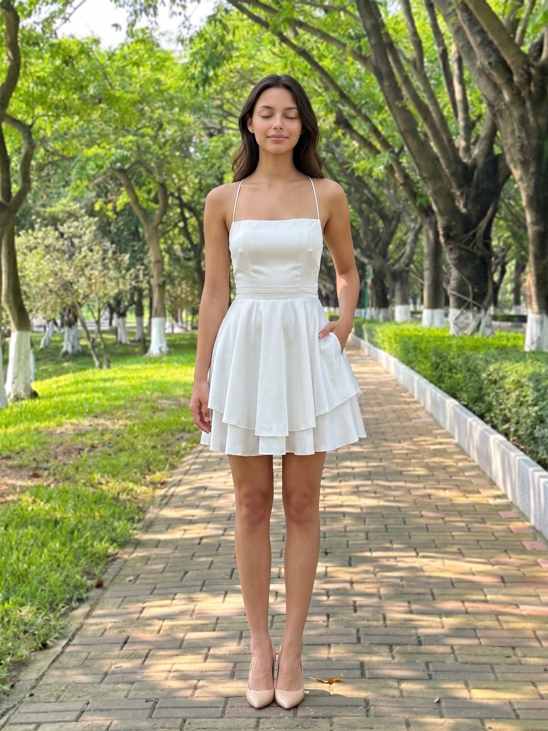 White Satin A-Line Straight Neck Lace-Up Mini Homecoming Dress with Pleats