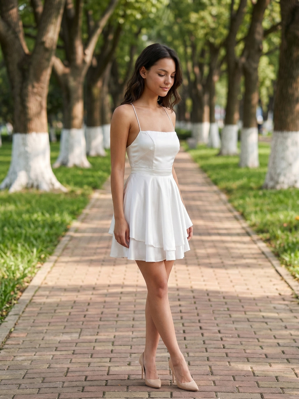 White Satin A-Line Straight Neck Lace-Up Mini Homecoming Dress with Pleats