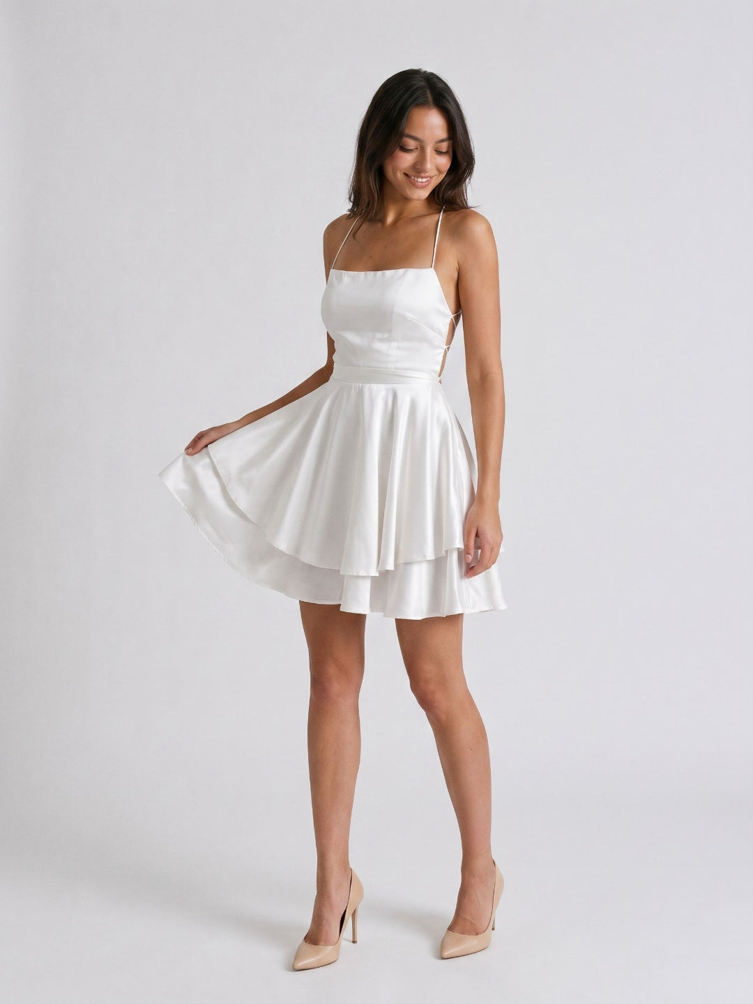 White Satin A-Line Straight Neck Lace-Up Mini Homecoming Dress with Pleats
