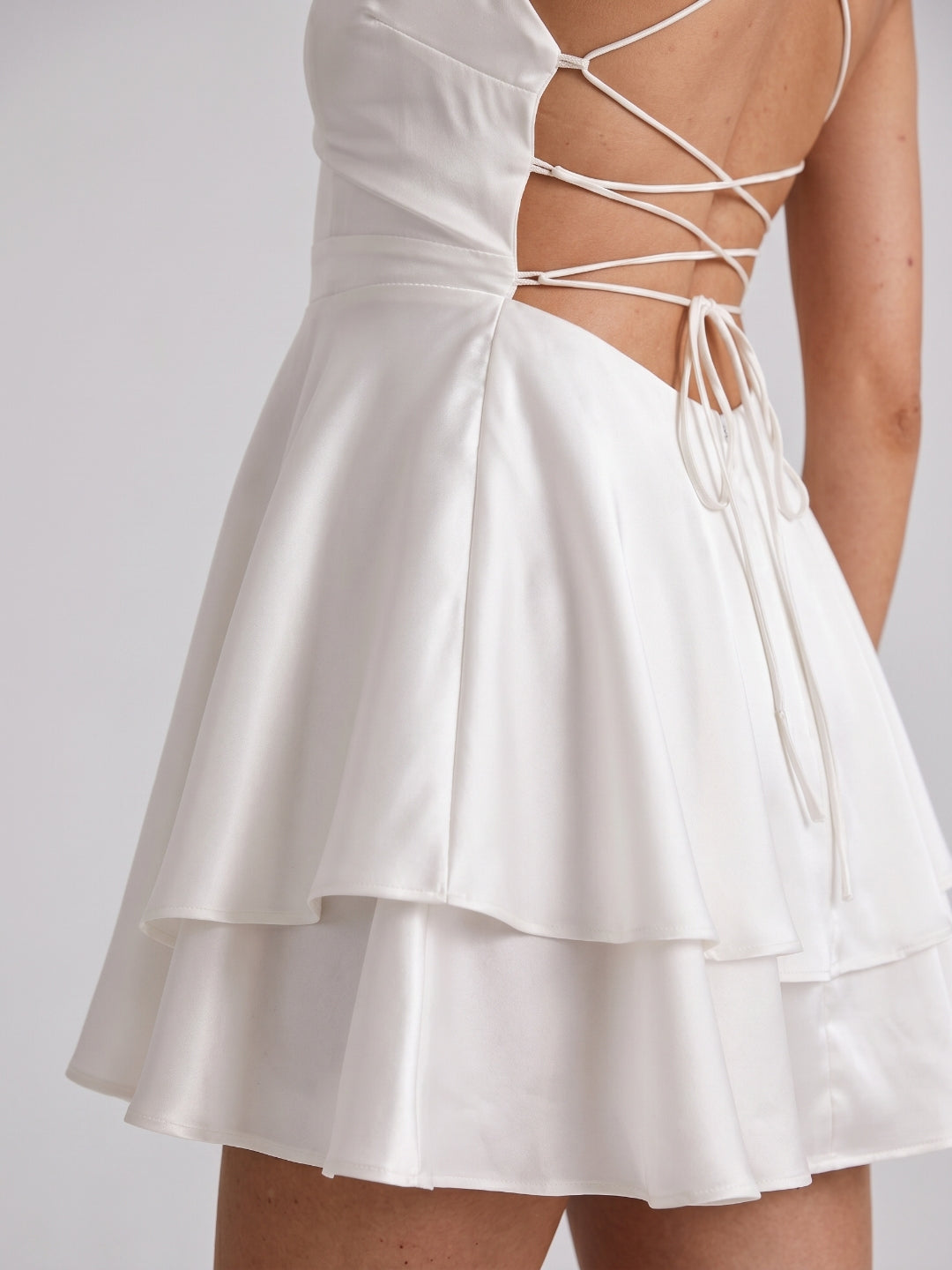 White Satin A-Line Straight Neck Lace-Up Mini Homecoming Dress with Pleats