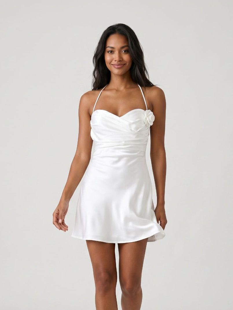 White Satin A-Line Sweetheart Back Zip Short Dress