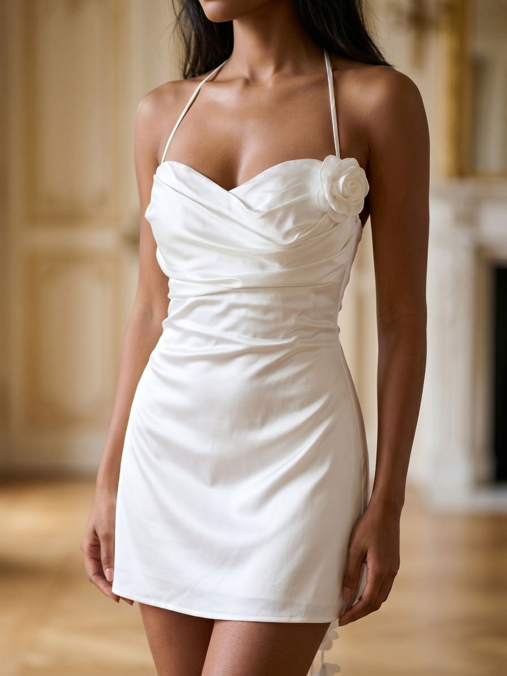White Satin A-Line Sweetheart Back Zip Short Dress