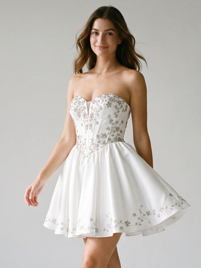 White Satin A-Line Sweetheart Criss-Cross Straps Short Homecoming Dress with Beading