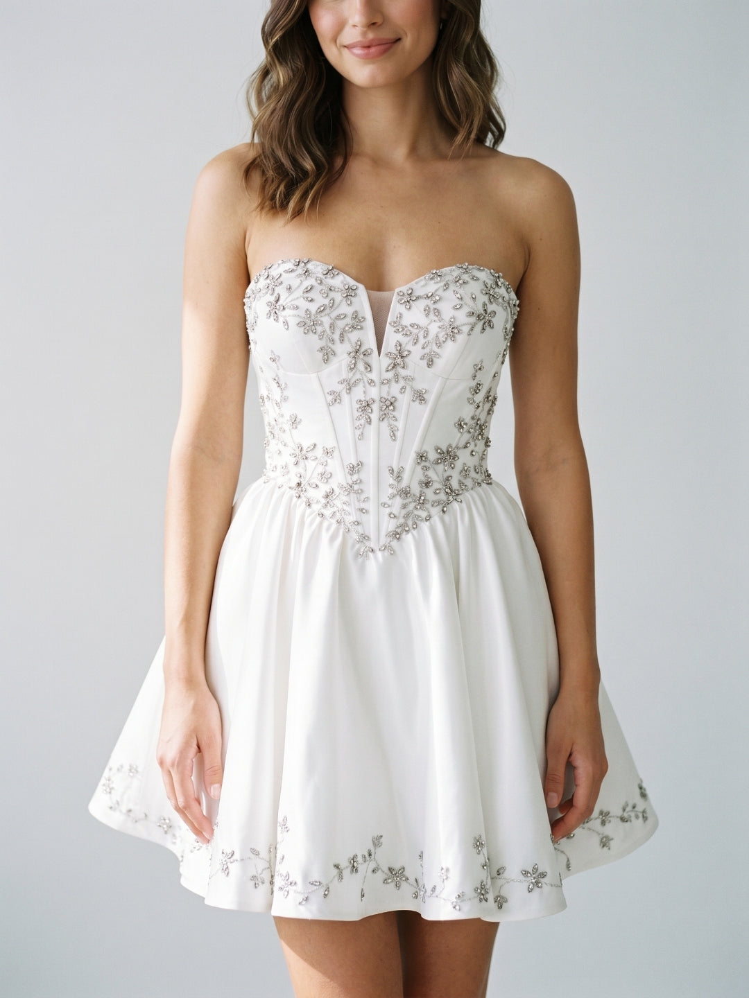 White Satin A-Line Sweetheart Criss-Cross Straps Short Homecoming Dress with Beading