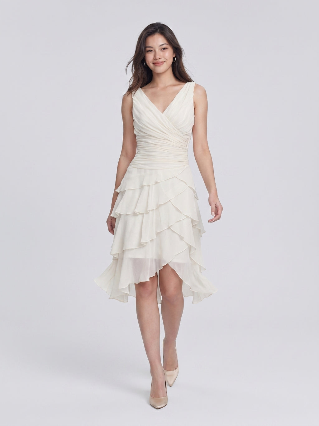 White Satin A-Line V-Neck Back Zip Knee-Length Prom Dress