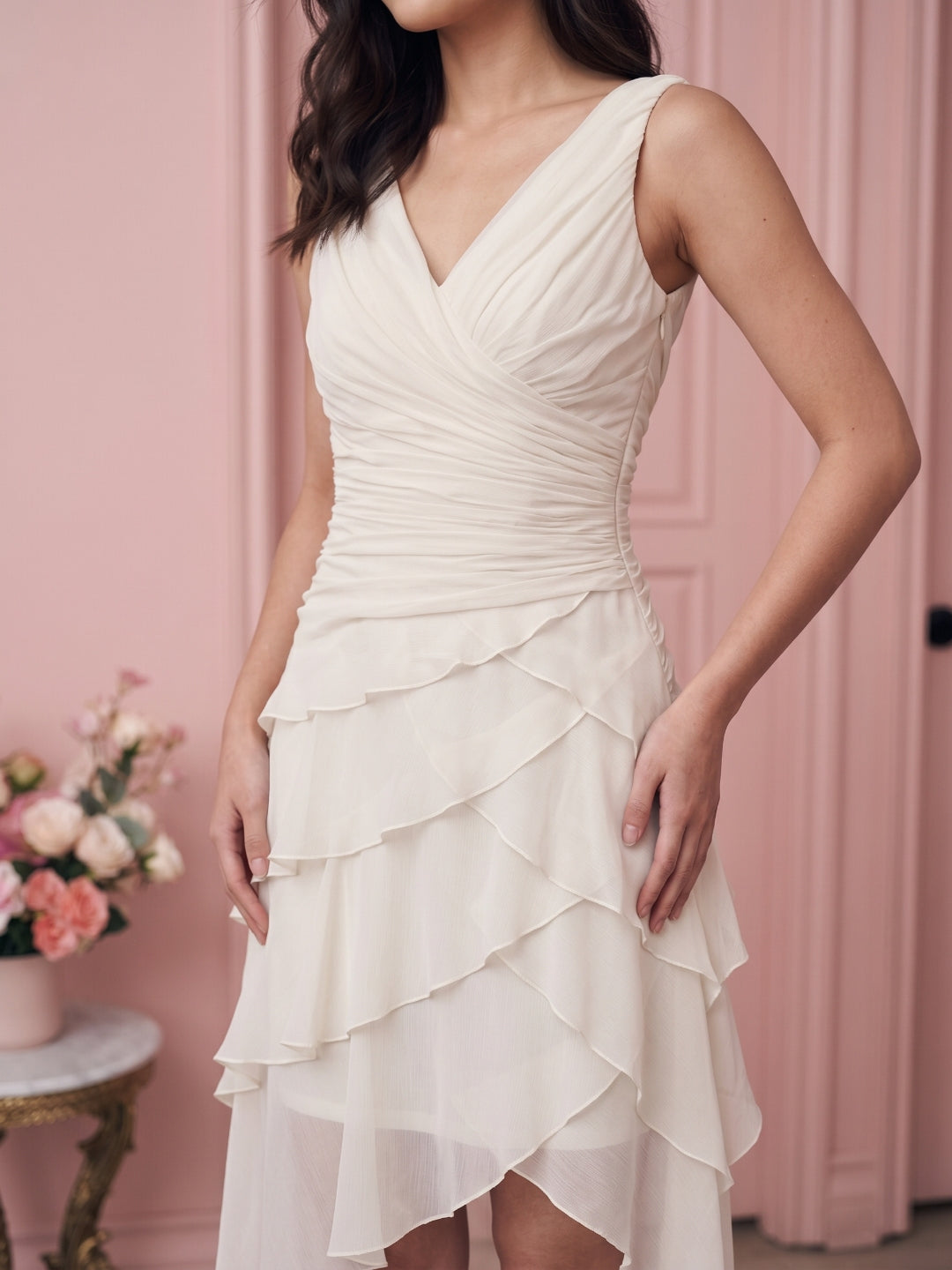 White Satin A-Line V-Neck Back Zip Knee-Length Prom Dress