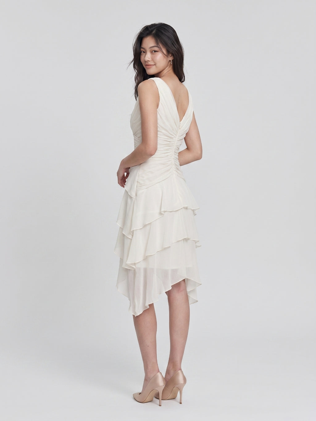 White Satin A-Line V-Neck Back Zip Knee-Length Prom Dress