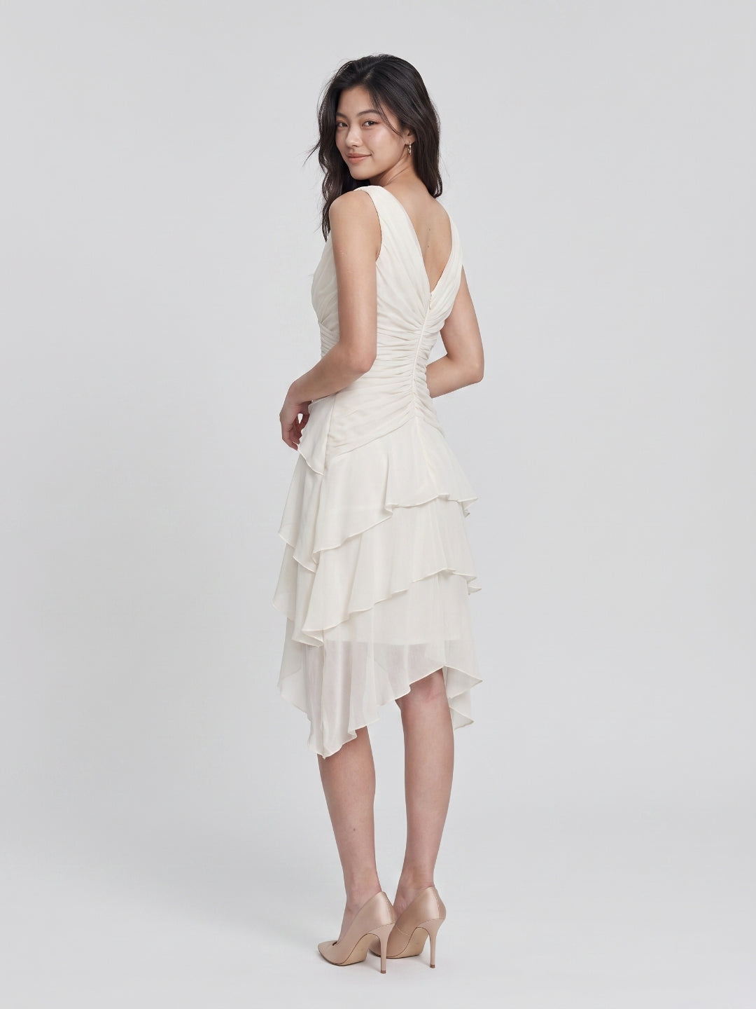 White Satin A-Line V-Neck Back Zip Knee-Length Prom Dress