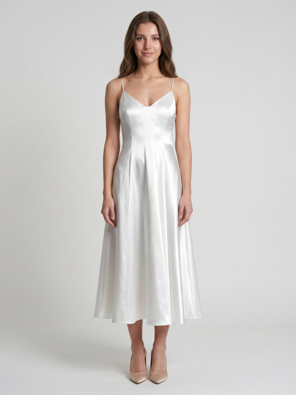 White Satin A-Line V-Neck Backless Tea-Length Bridesmaid Dress