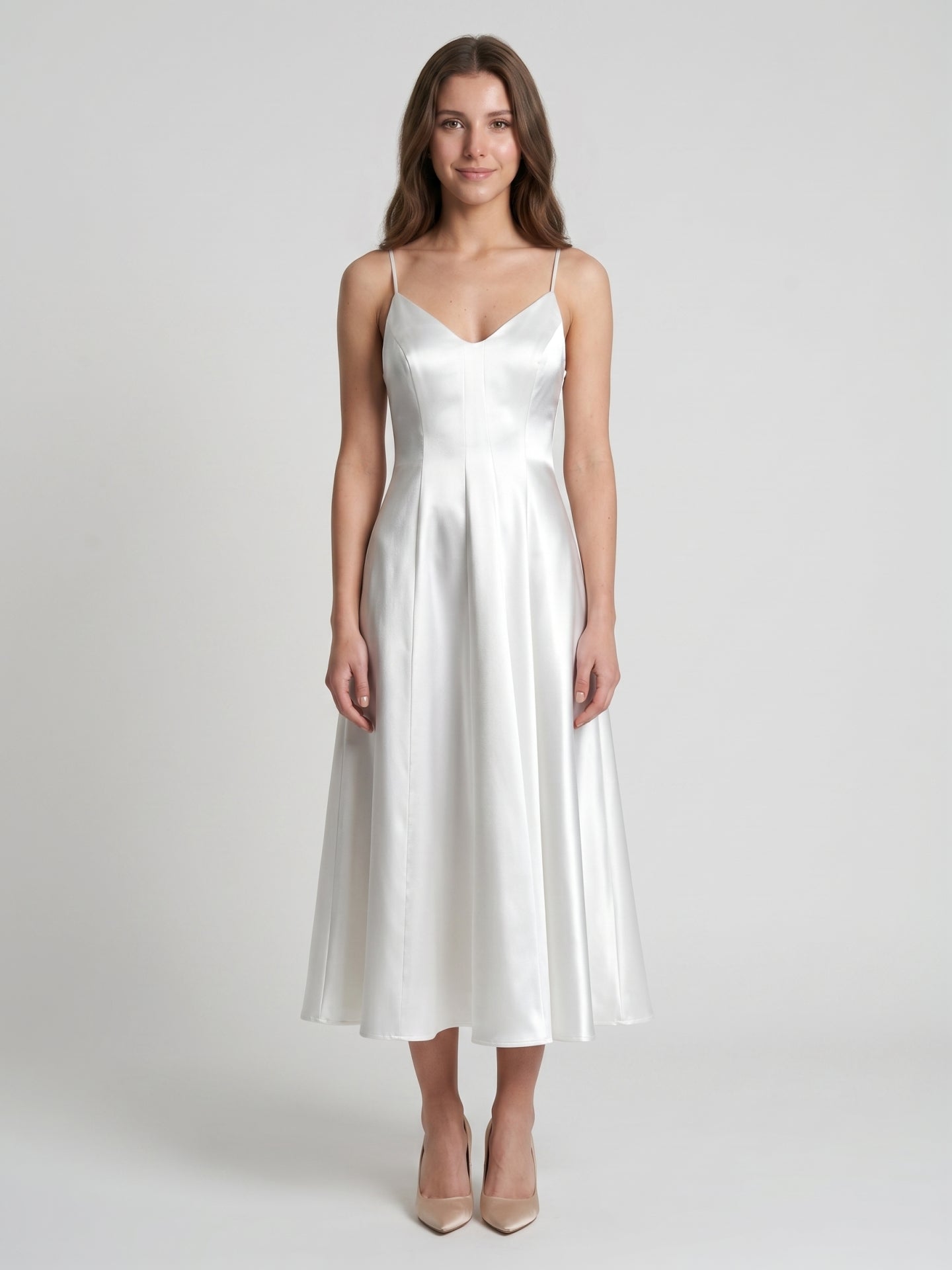 White Satin A-Line V-Neck Backless Tea-Length Bridesmaid Dress