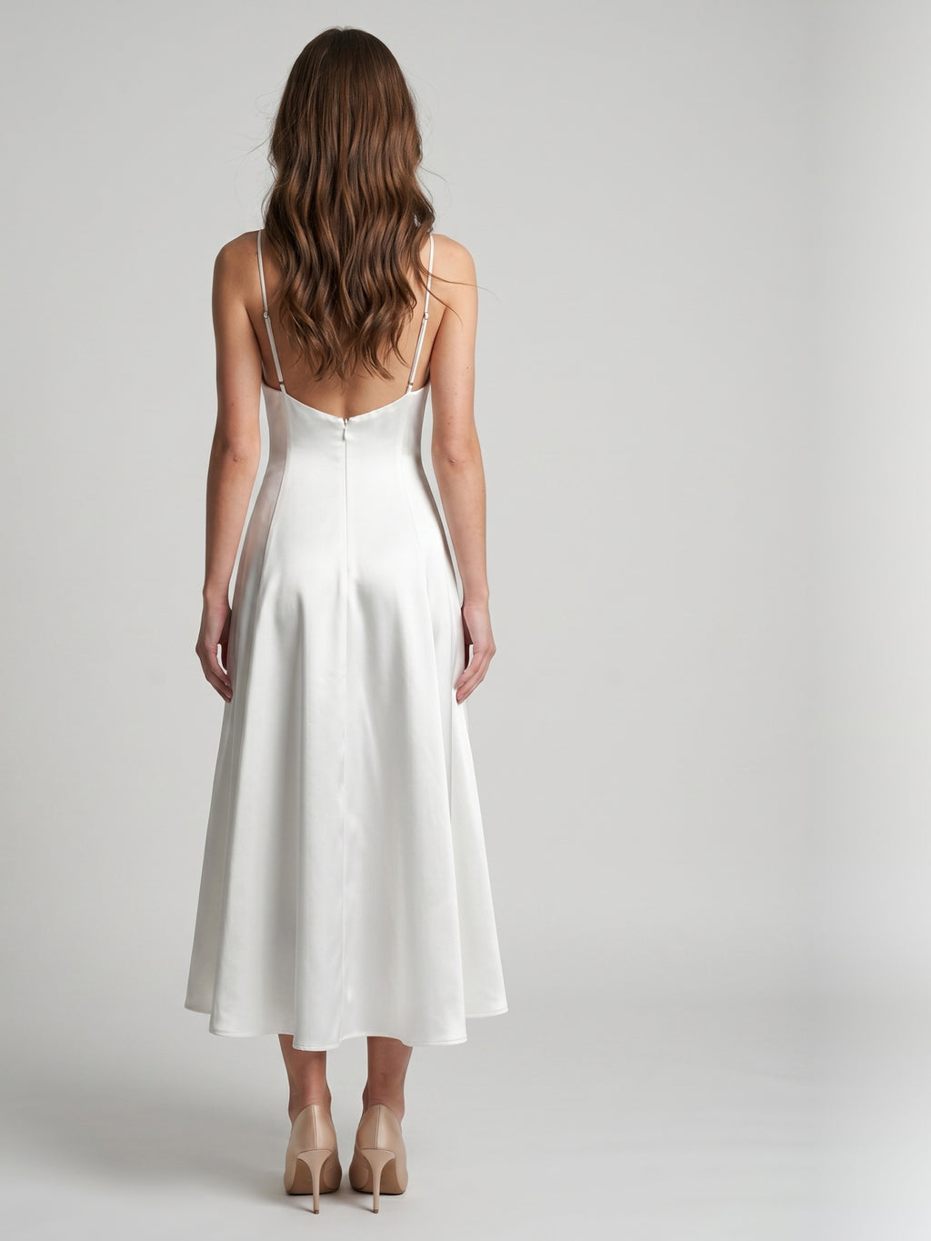White Satin A-Line V-Neck Backless Tea-Length Bridesmaid Dress