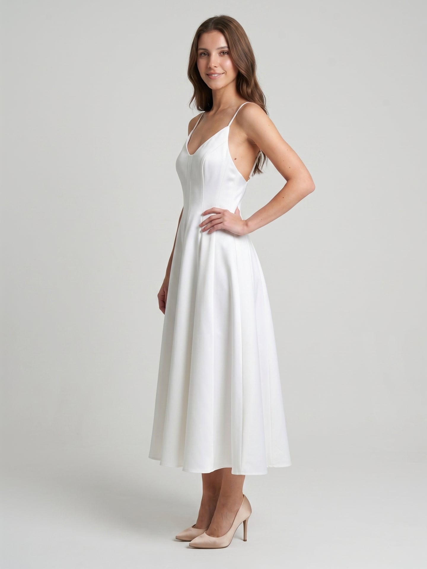 White Satin A-Line V-Neck Backless Tea-Length Bridesmaid Dress