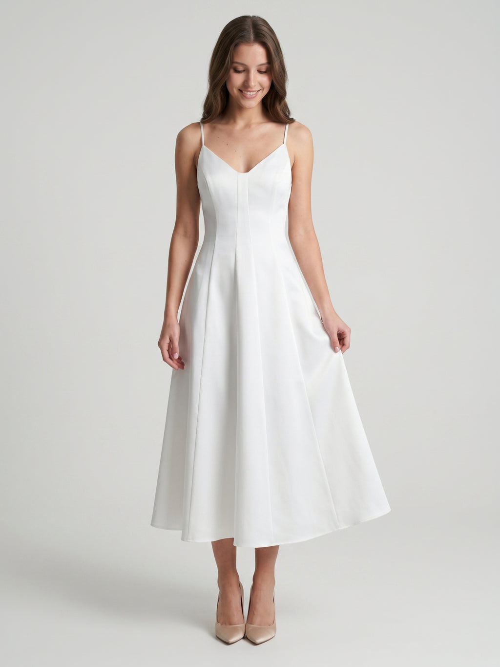 White Satin A-Line V-Neck Backless Tea-Length Bridesmaid Dress