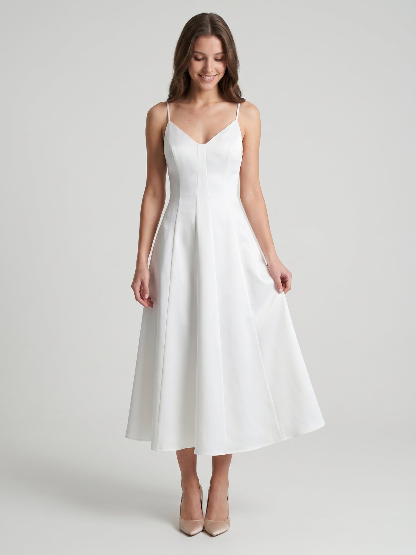 White Satin A-Line V-Neck Backless Tea-Length Bridesmaid Dress