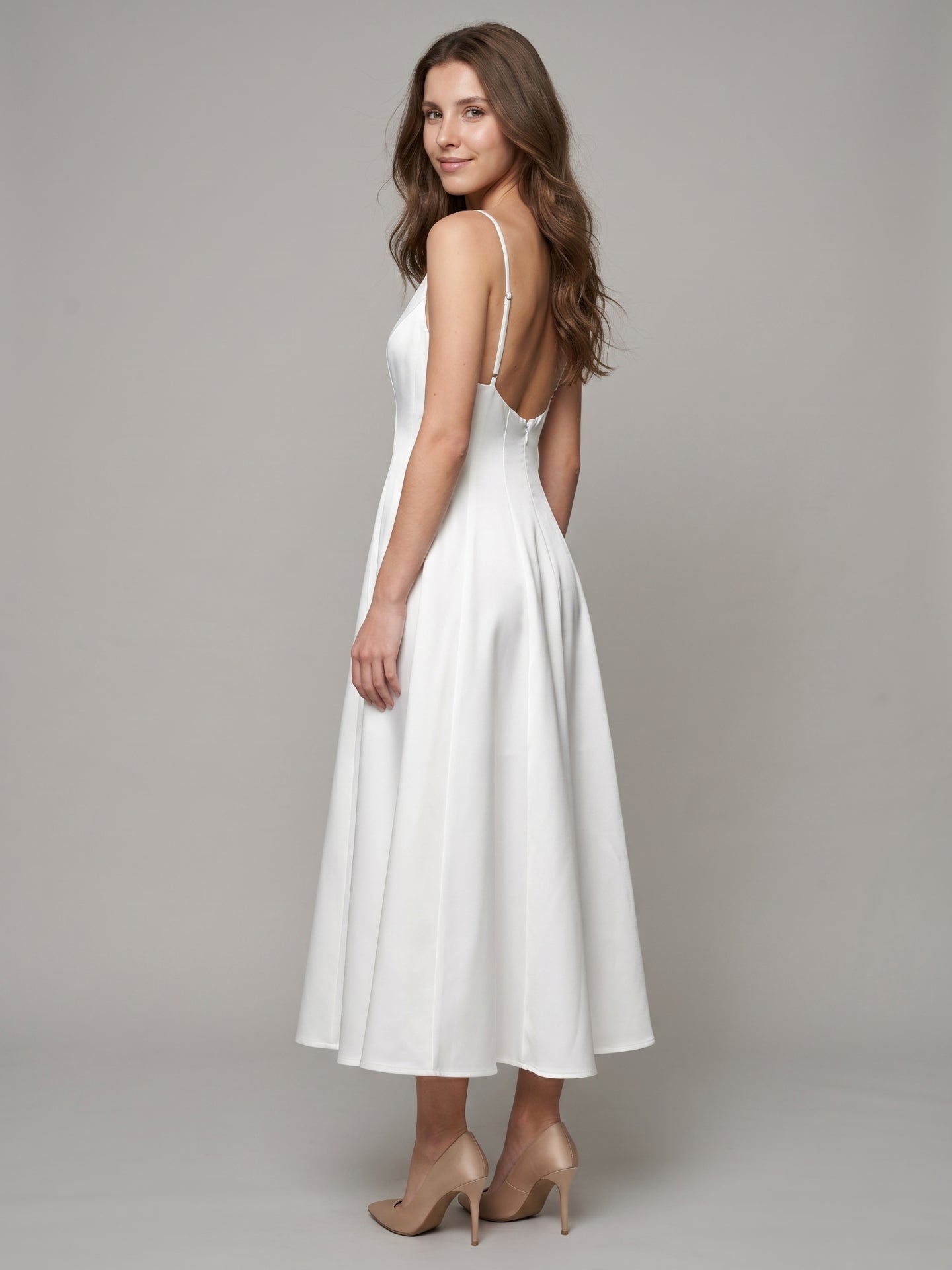 White Satin A-Line V-Neck Backless Tea-Length Bridesmaid Dress