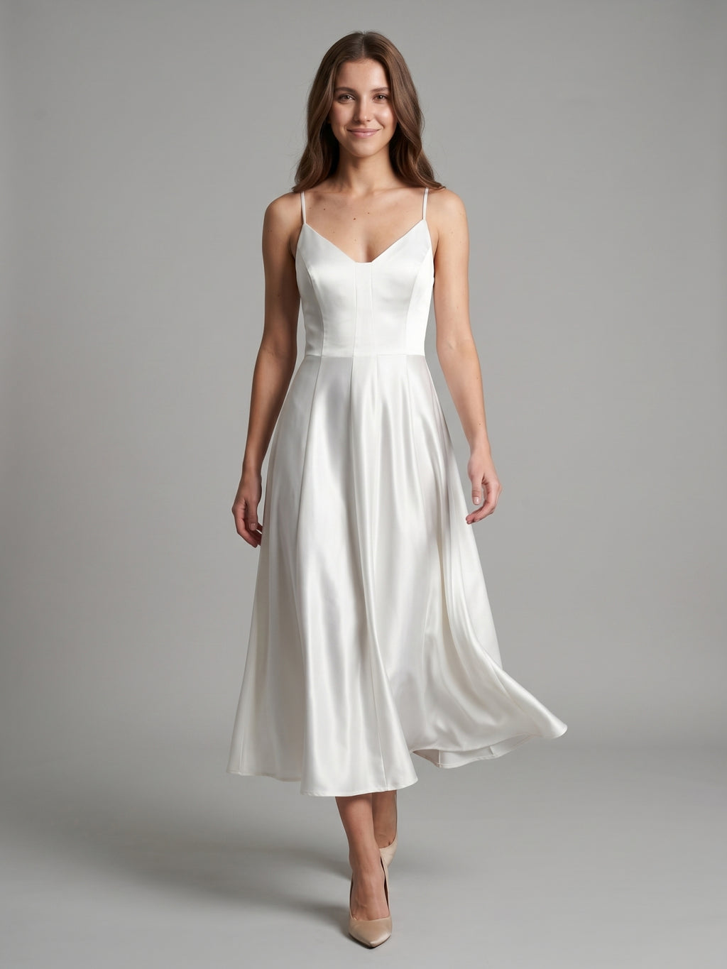 White Satin A-Line V-Neck Backless Tea-Length Bridesmaid Dress