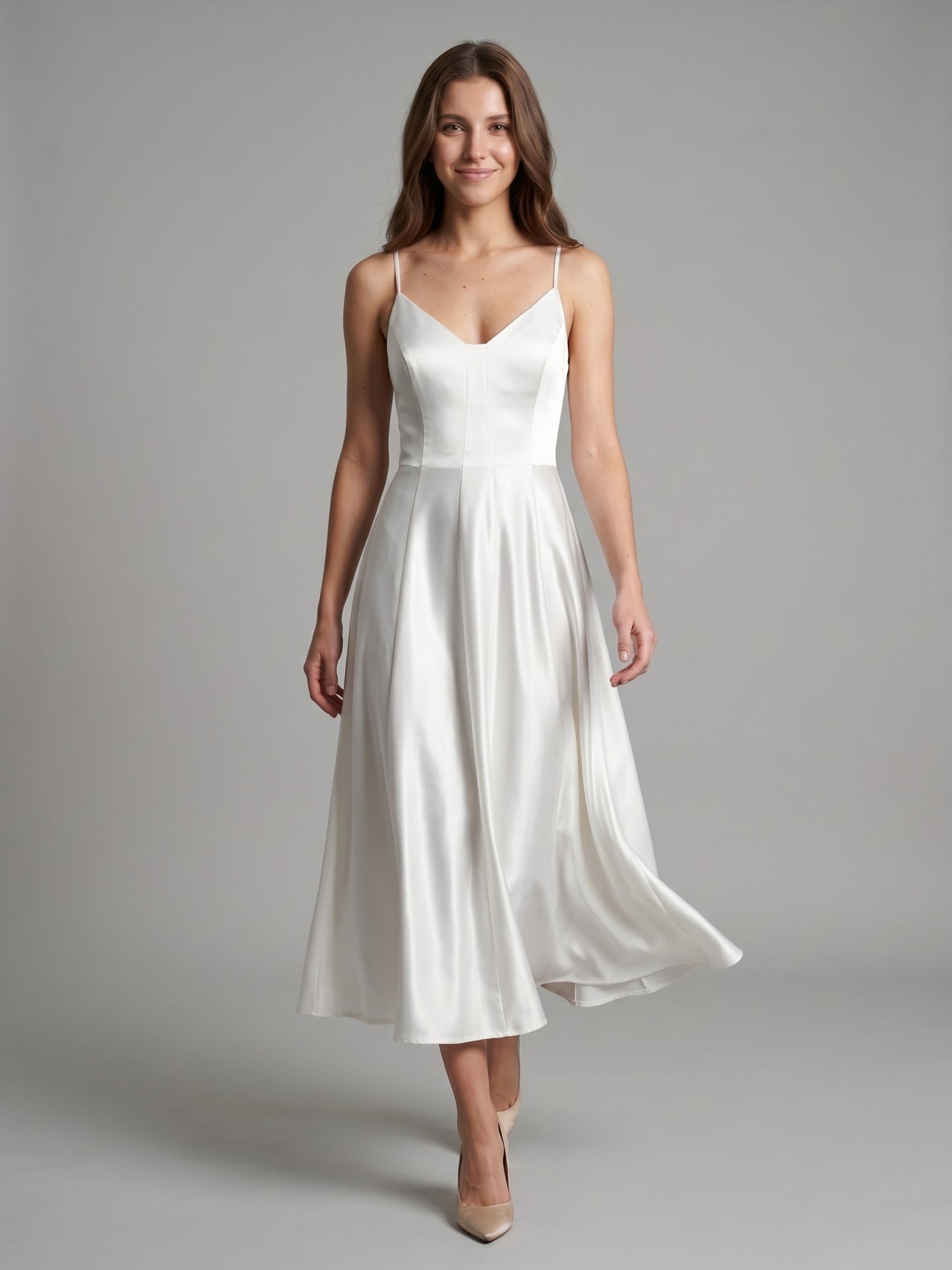 White Satin A-Line V-Neck Backless Tea-Length Bridesmaid Dress