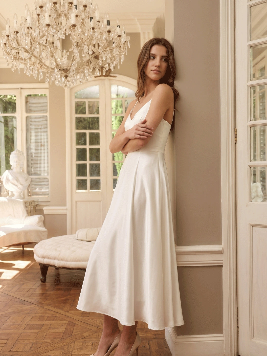 White Satin A-Line V-Neck Backless Tea-Length Bridesmaid Dress