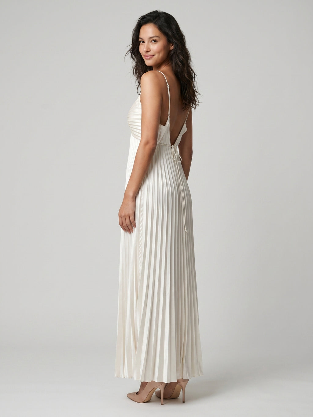 White Satin Column Scoop Neck Backless Ankle-Length Prom Dress