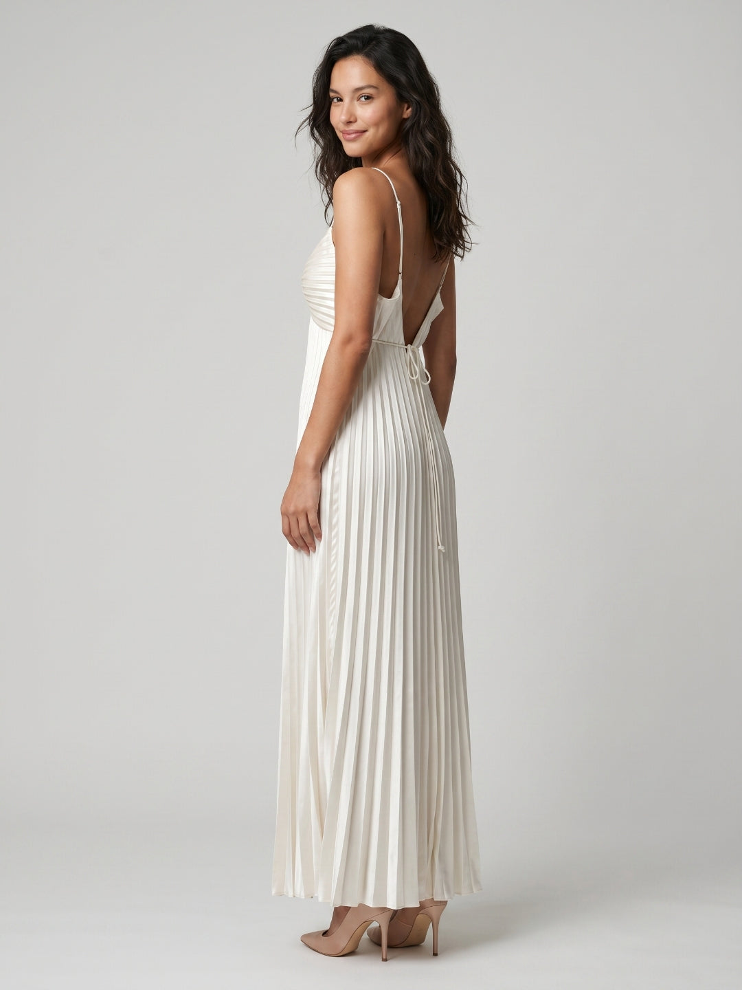 White Satin Column Scoop Neck Backless Ankle-Length Prom Dress