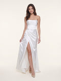 White Satin Empire Straight Neck Backless Floor-Length  Bridesmaid Dress with Pleats