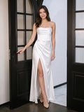 White Satin Empire Straight Neck Backless Floor-Length  Bridesmaid Dress with Pleats