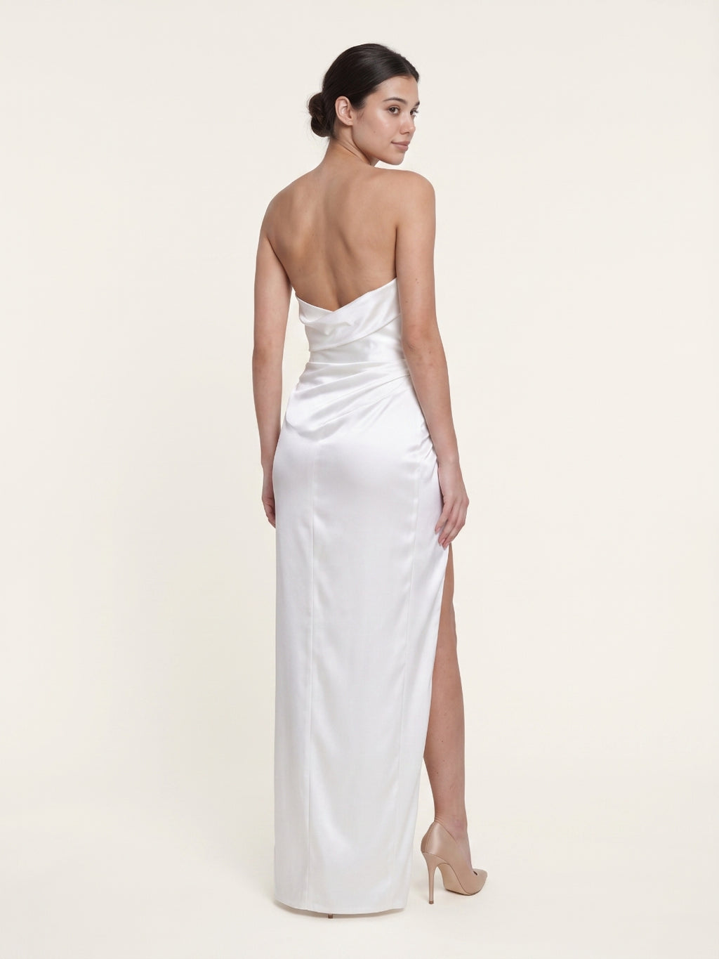 White Satin Empire Straight Neck Backless Floor-Length  Bridesmaid Dress with Pleats