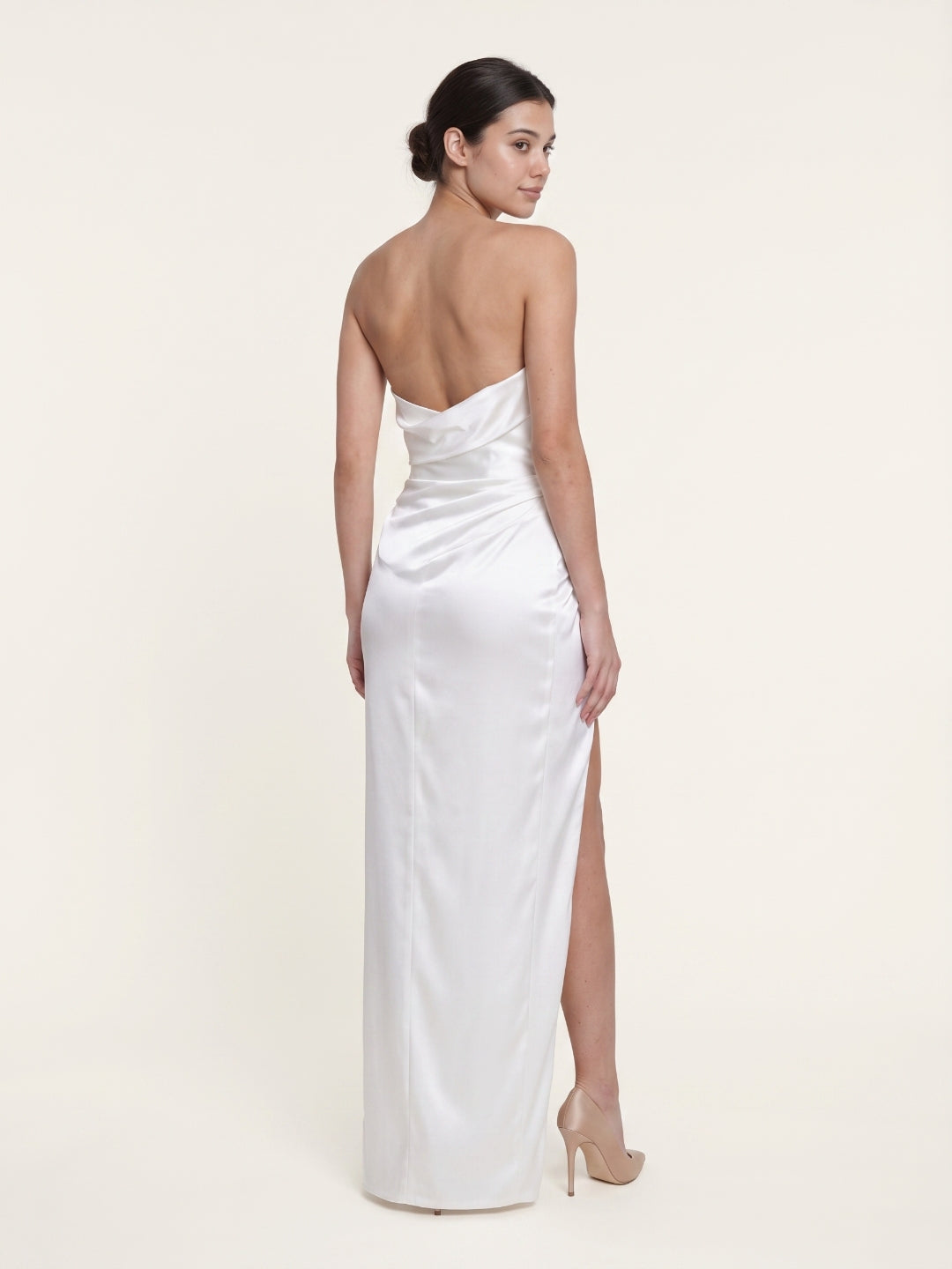 White Satin Empire Straight Neck Backless Floor-Length  Bridesmaid Dress with Pleats