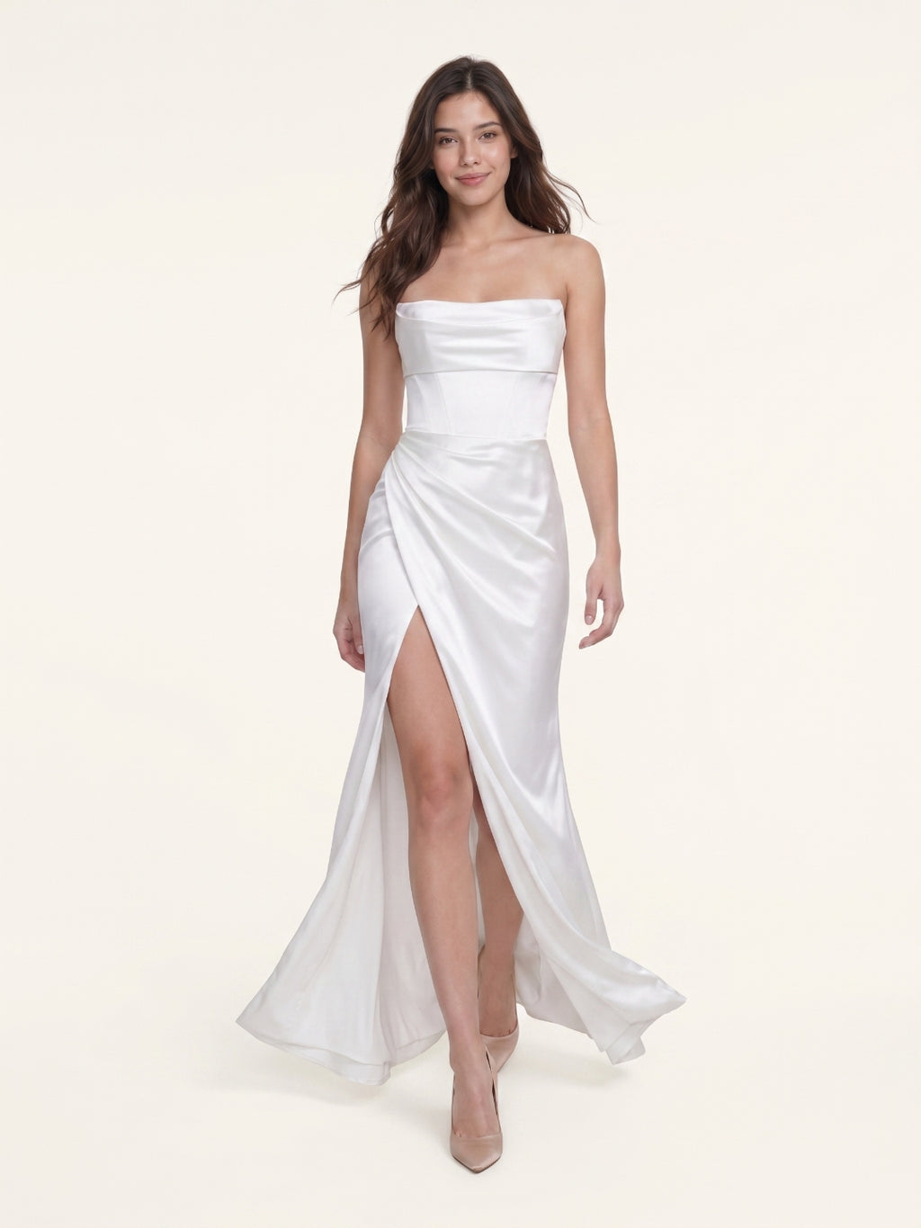 White Satin Empire Straight Neck Backless Floor-Length  Bridesmaid Dress with Pleats