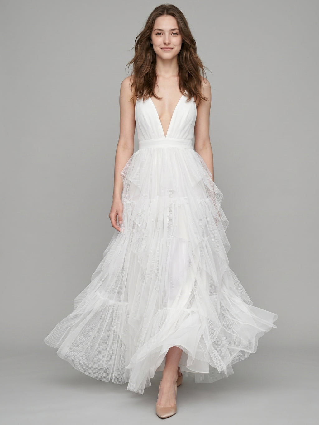 White Mesh Mermaid Cowl Neck Backless Floor-Length Bridesmaid Dress with Bow