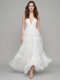 White Mesh Mermaid Cowl Neck Backless Floor-Length Bridesmaid Dress with Bow