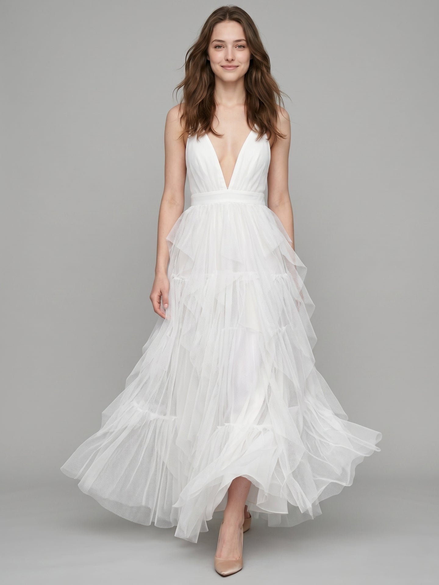 White Mesh Mermaid Cowl Neck Backless Floor-Length Bridesmaid Dress with Bow