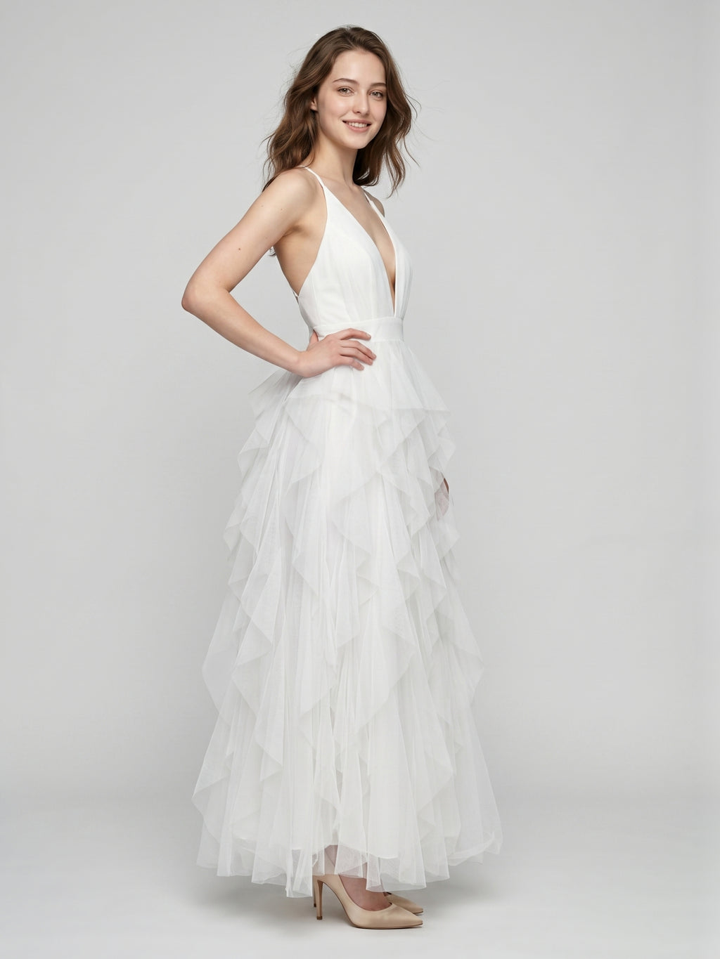 White Mesh Mermaid Cowl Neck Backless Floor-Length Bridesmaid Dress with Bow