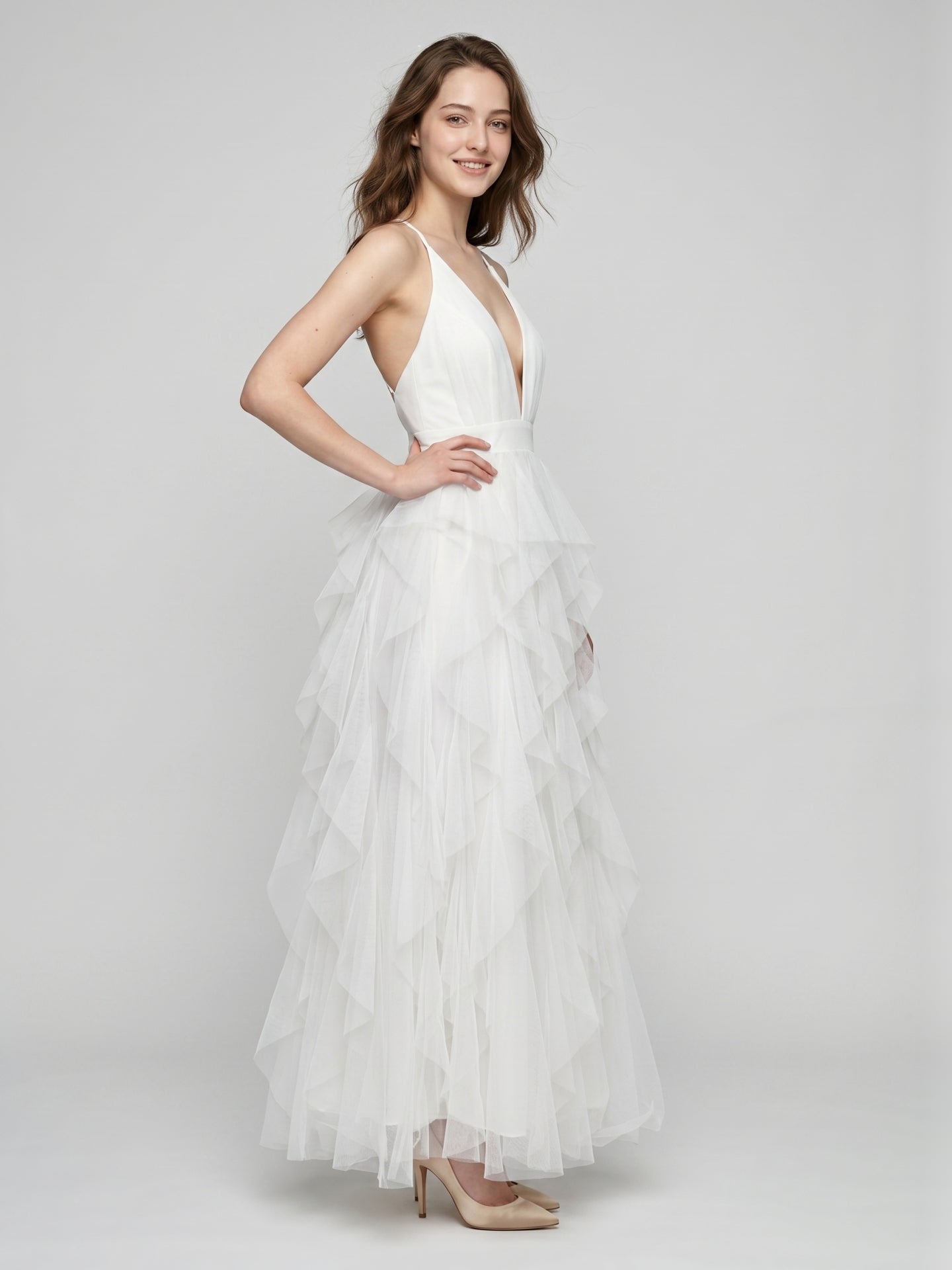 White Mesh Mermaid Cowl Neck Backless Floor-Length Bridesmaid Dress with Bow