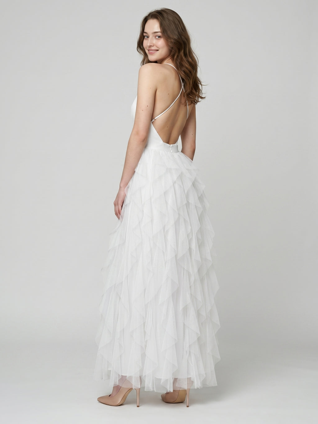 White Mesh Mermaid Cowl Neck Backless Floor-Length Bridesmaid Dress with Bow