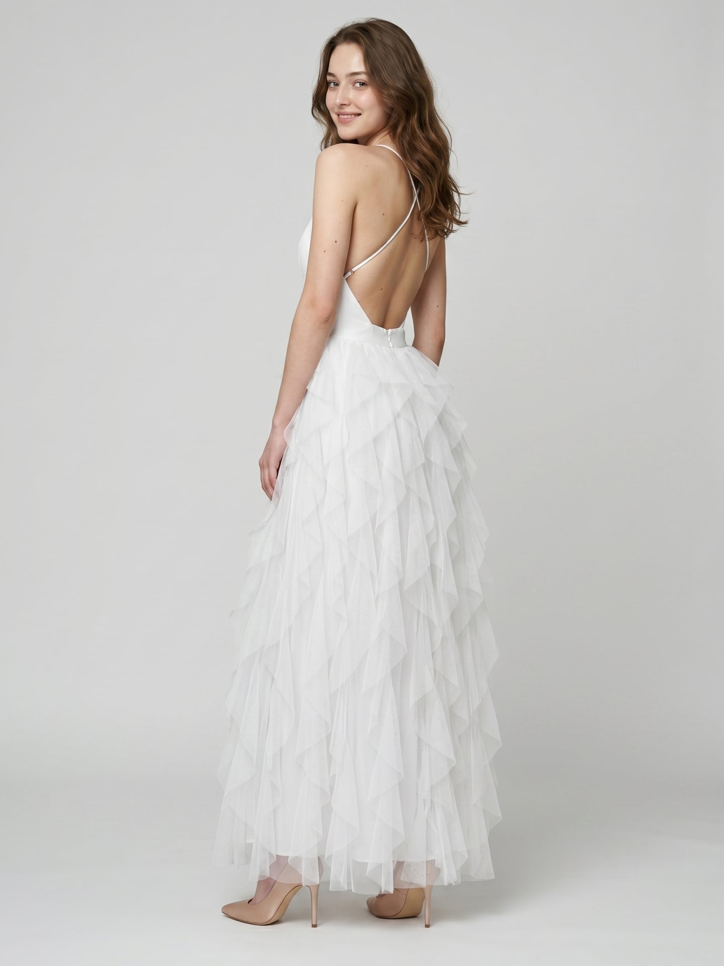 White Mesh Mermaid Cowl Neck Backless Floor-Length Bridesmaid Dress with Bow