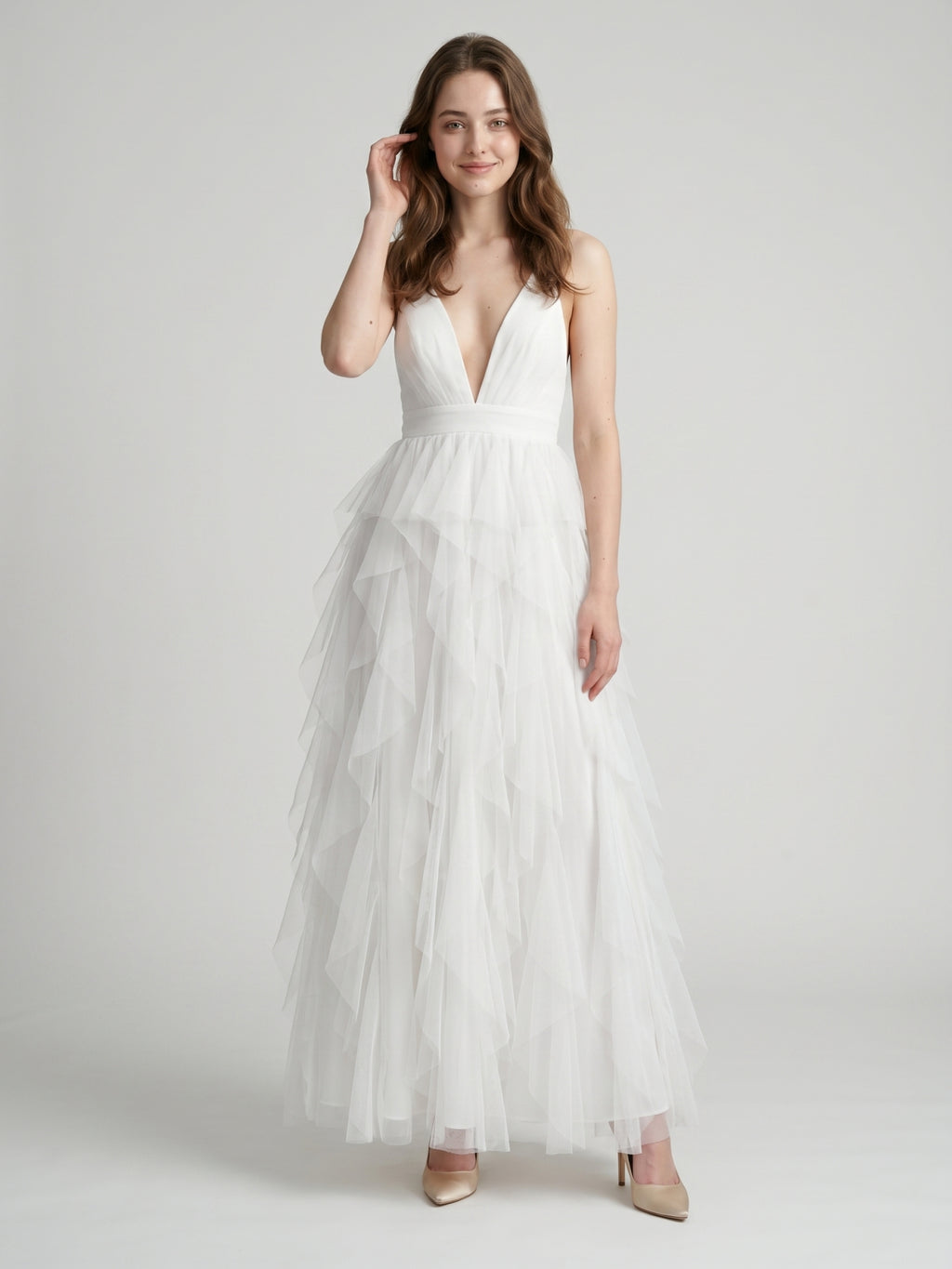 White Mesh Mermaid Cowl Neck Backless Floor-Length Bridesmaid Dress with Bow