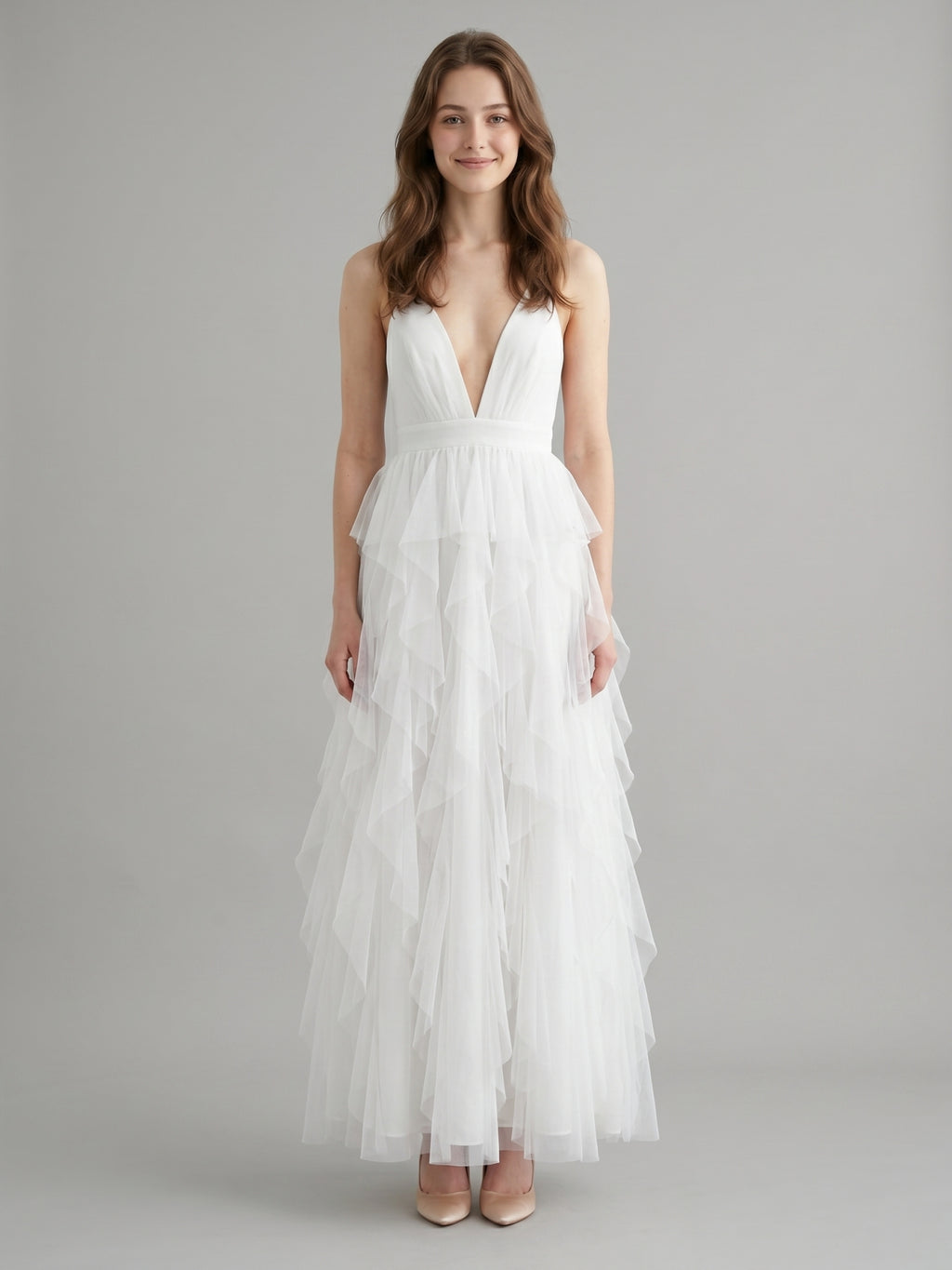 White Mesh Mermaid Cowl Neck Backless Floor-Length Bridesmaid Dress with Bow