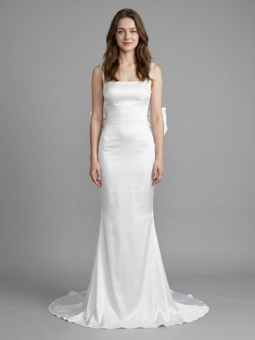 White Satin Mermaid Square Neck Backless Floor-Length Bridesmaid Dress with Bow