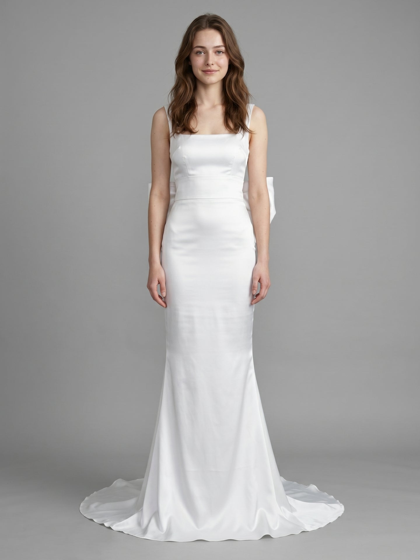 White Satin Mermaid Square Neck Backless Floor-Length Bridesmaid Dress with Bow
