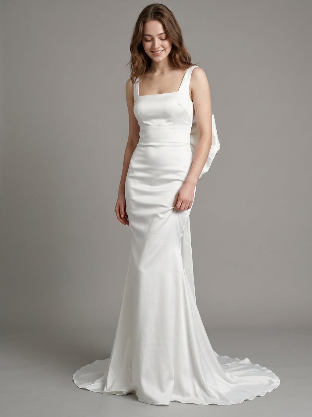 White Satin Mermaid Square Neck Backless Floor-Length Bridesmaid Dress with Bow