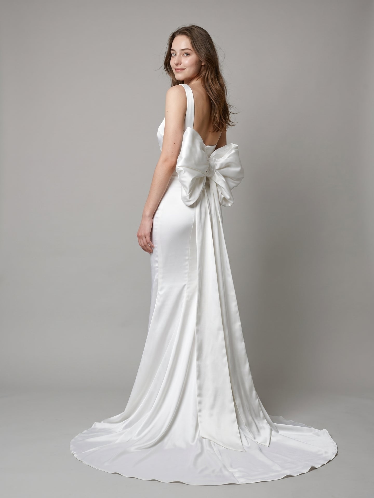White Satin Mermaid Square Neck Backless Floor-Length Bridesmaid Dress with Bow