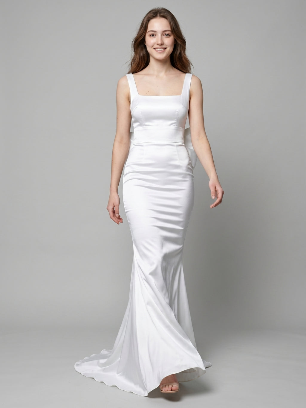White Satin Mermaid Square Neck Backless Floor-Length Bridesmaid Dress with Bow