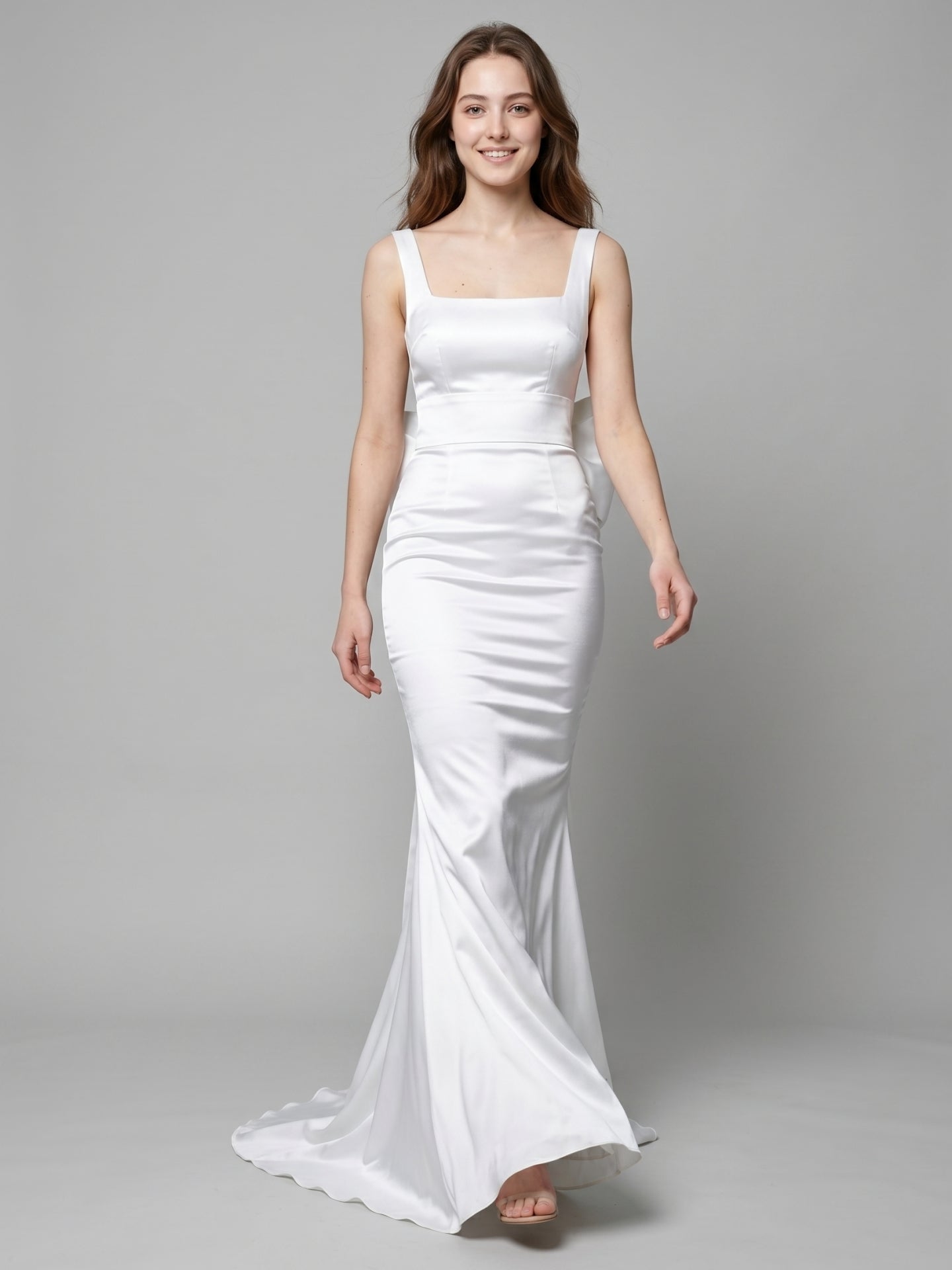 White Satin Mermaid Square Neck Backless Floor-Length Bridesmaid Dress with Bow