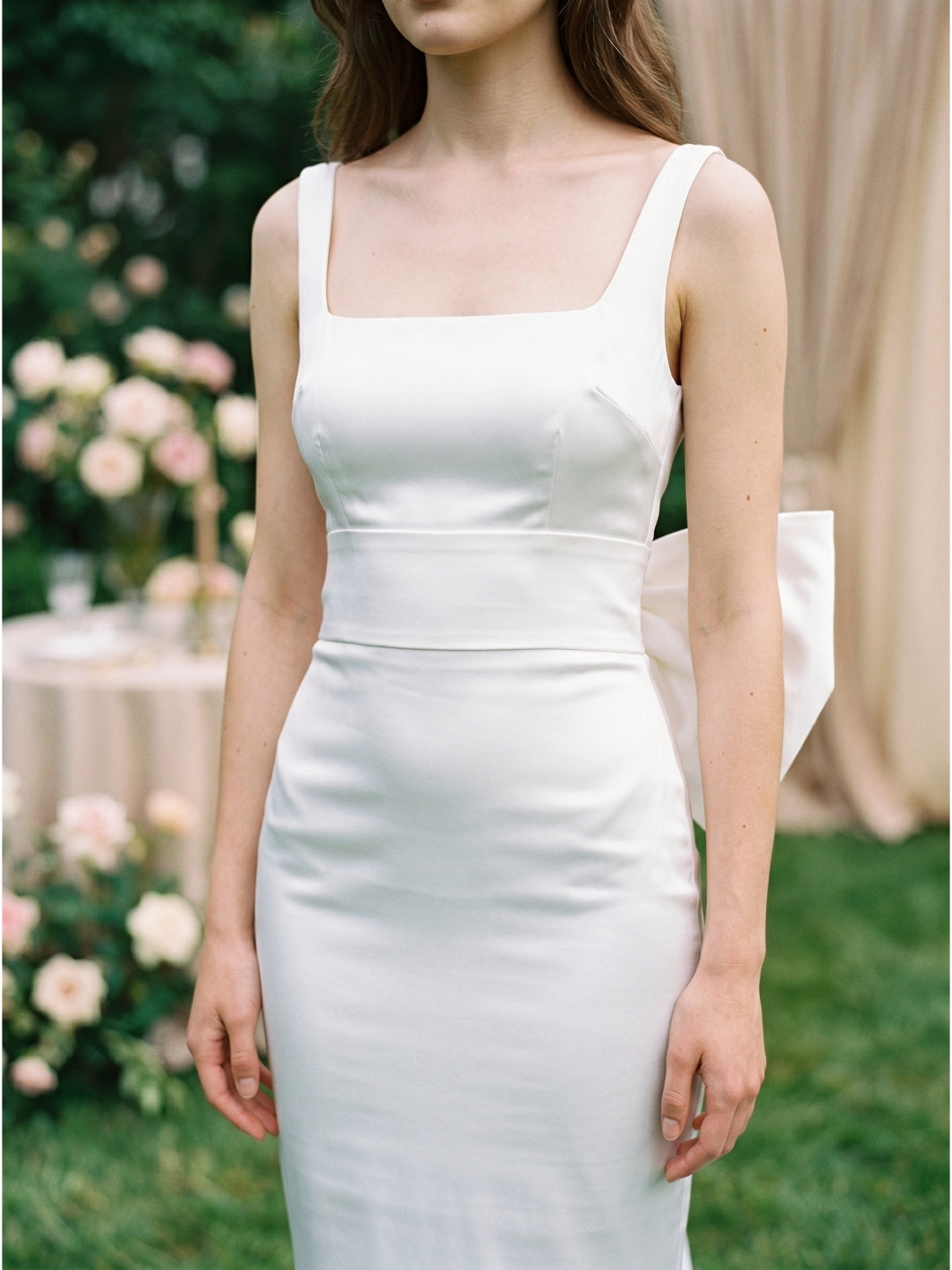 White Satin Mermaid Square Neck Backless Floor-Length Bridesmaid Dress with Bow
