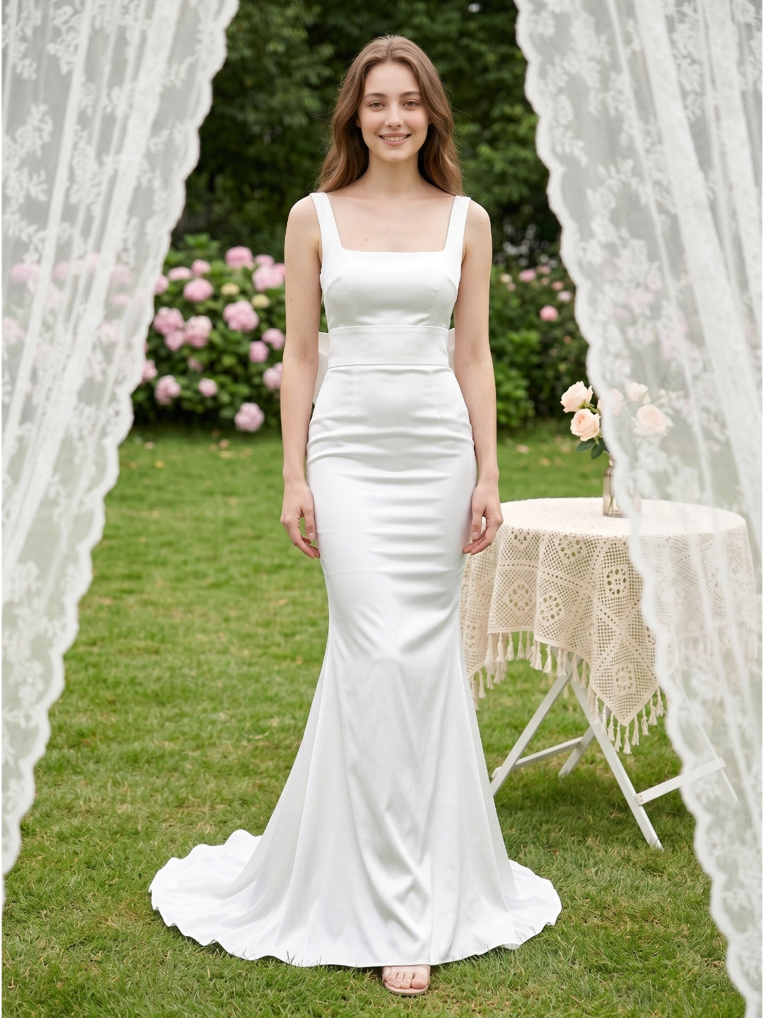 White Satin Mermaid Square Neck Backless Floor-Length Bridesmaid Dress with Bow