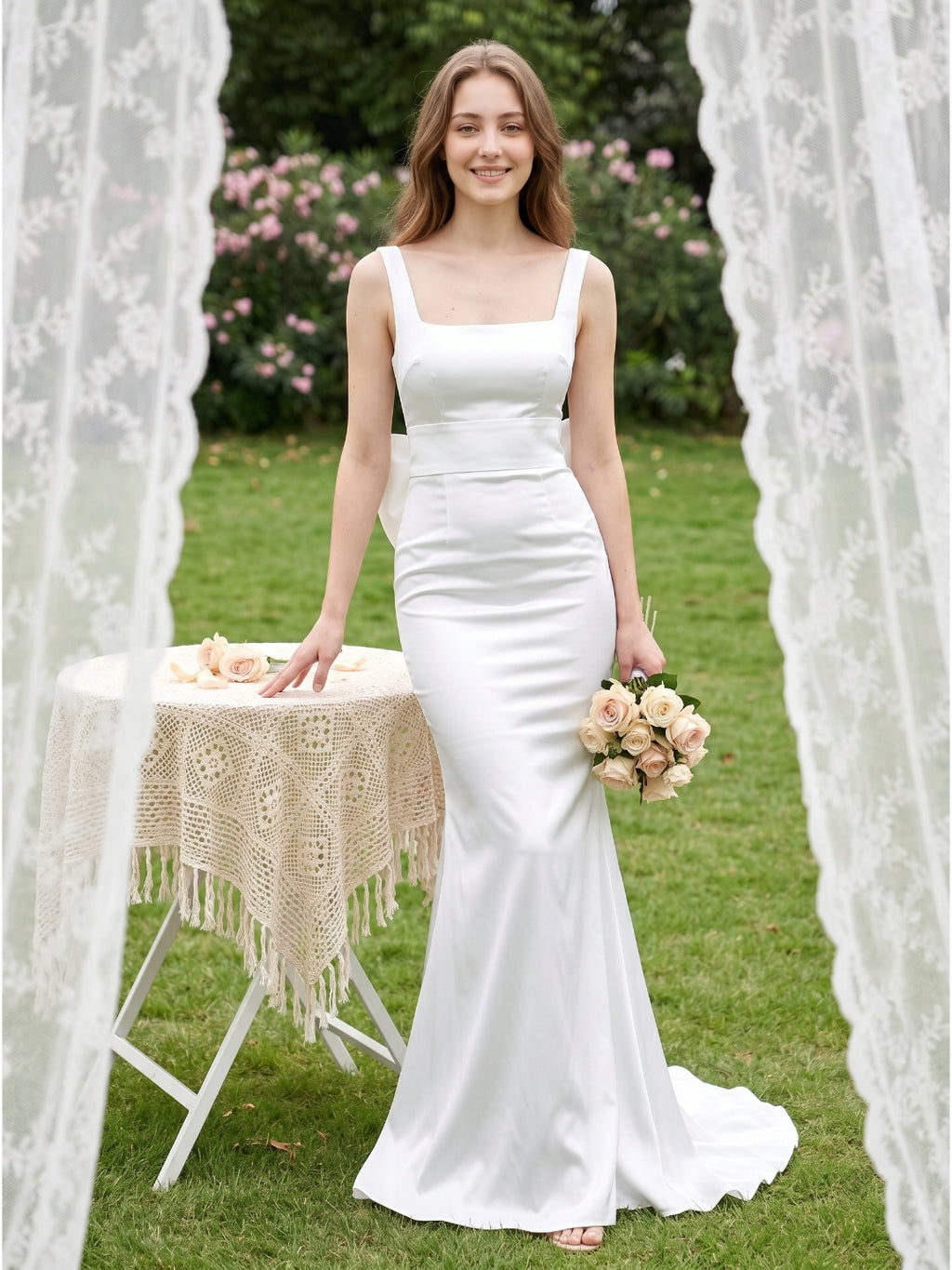 White Satin Mermaid Square Neck Backless Floor-Length Bridesmaid Dress with Bow