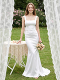 White Satin Mermaid Square Neck Backless Floor-Length Bridesmaid Dress with Bow