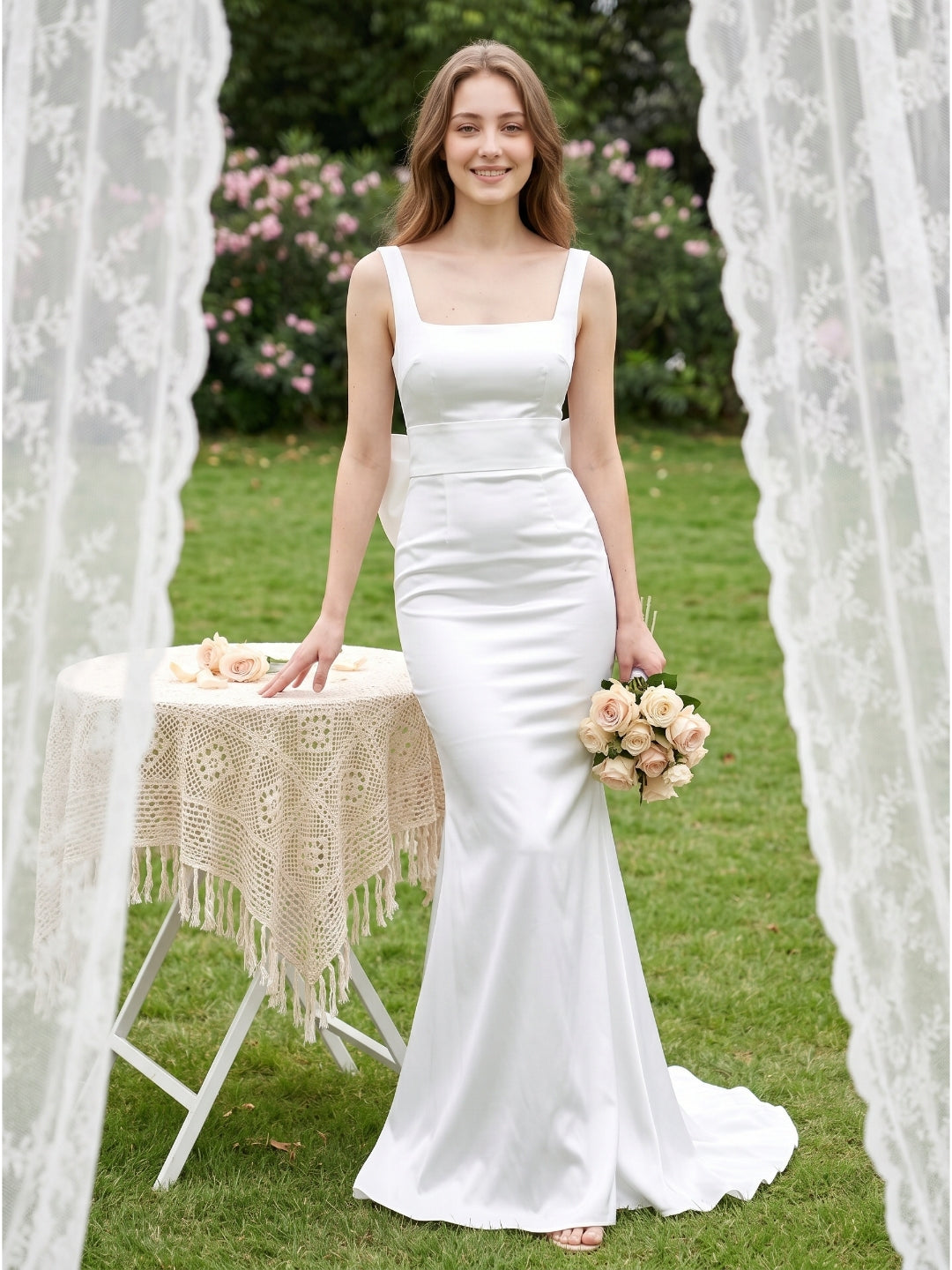 White Satin Mermaid Square Neck Backless Floor-Length Bridesmaid Dress with Bow